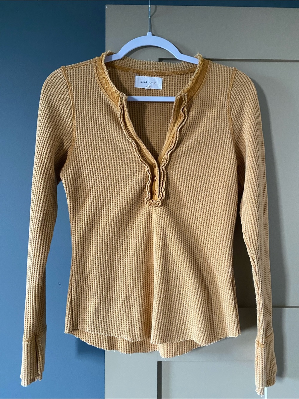 Dear John Mustard Waffle Knit Ruffle Trim Long Sleeve Top